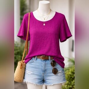 DKNY Fuchsia Textured Top Women's Short Sleeve Blouse